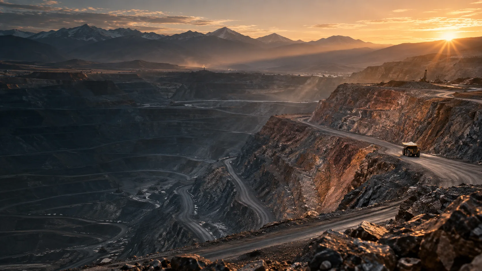 Vast open-pit mineral operation at sunrise