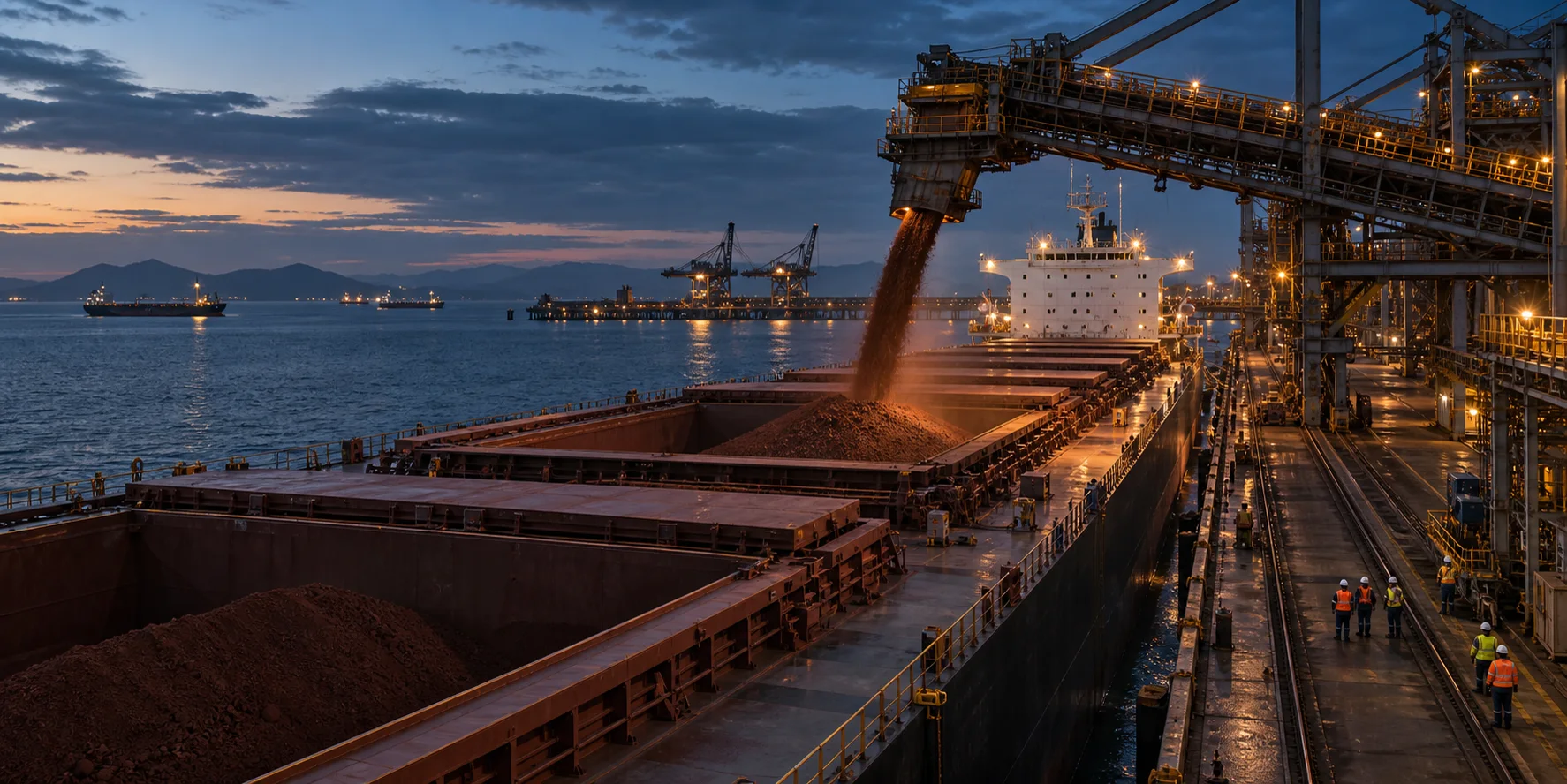 Mineral cargo being loaded onto a bulk carrier